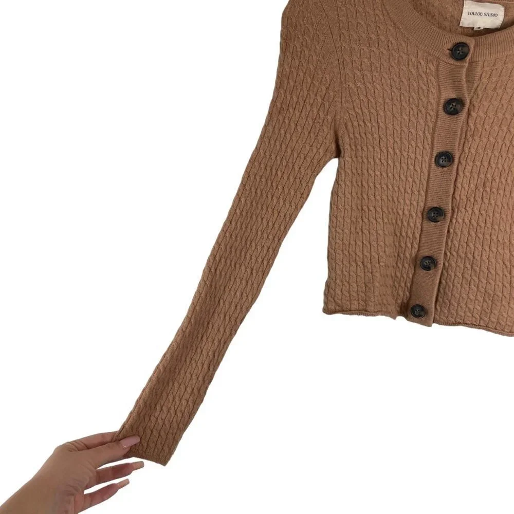 Loulou Studio Mati Wool Cashmere Cable-Knit Button Front Cardigan Beige Size S